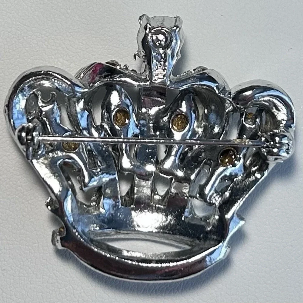 Vintage Pell Rhinestone Crown Brooch Silver Tone Clear Rhinestones
